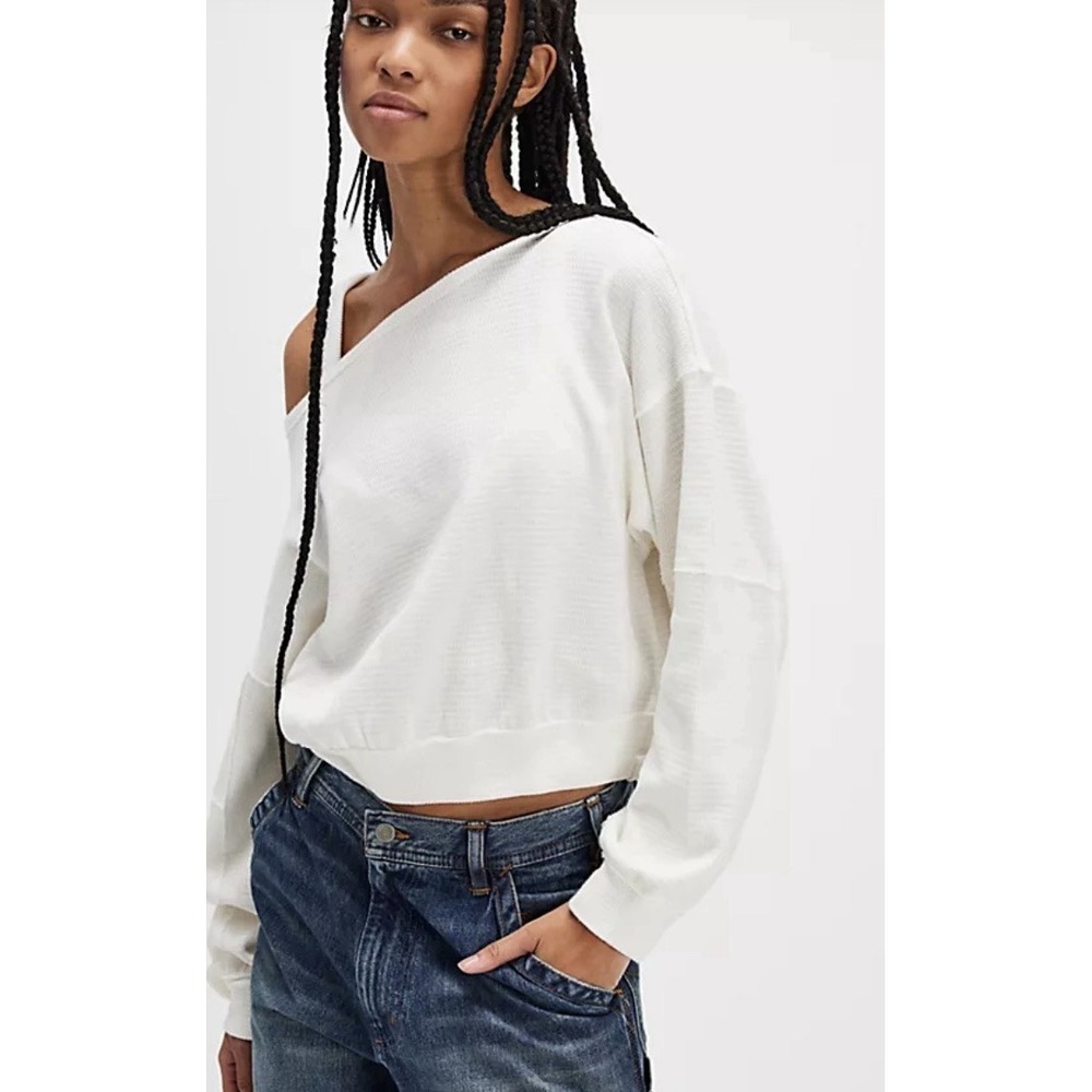 Free People Large IFE White Relax Fit Ballon Sleeve Waffle Knit Pullover Top